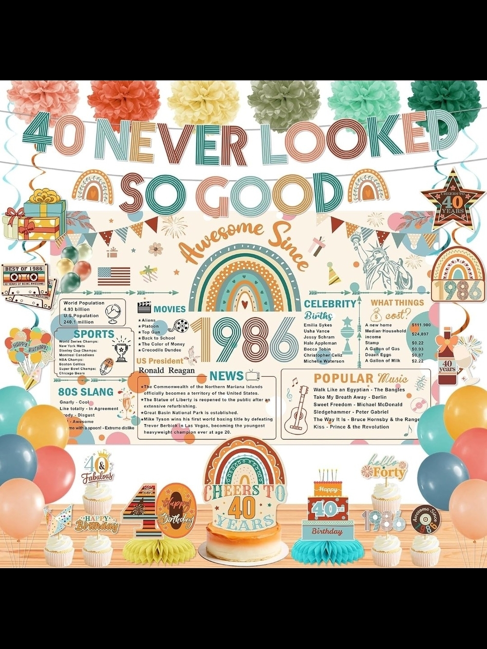 40th Birthday Party Backdrop Decoration - Multicolor Retro 80s Theme